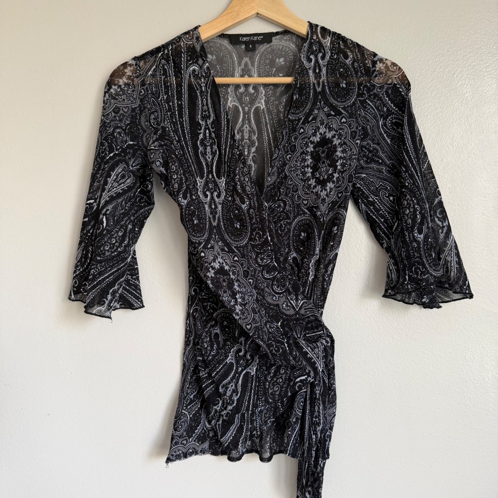 Y2K Karen Kane Black Paisley Mesh Wrap Top Bell Sleeve V-Neck Blouse S Witchy